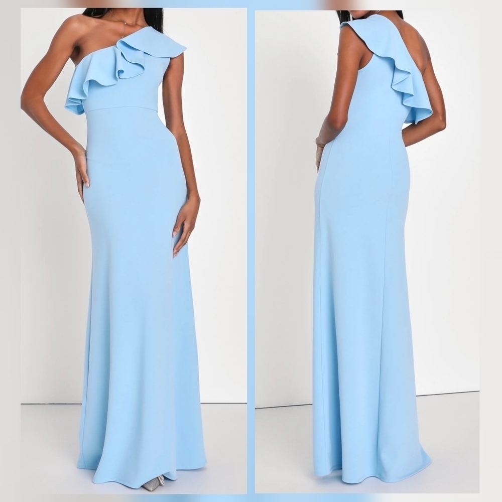 Lulus Last Forever Powder Blue One-Shoulder Ruffle Maxi Dress, Size XL